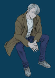 Rule 34 | 1boy, blue background, blue eyes, coat, ganpiro, hair over one eye, jewelry, male focus, own hands together, pants, ring, shirt, shoes, silver hair, sitting, sneakers, solo, viktor nikiforov, white shirt, yuri!!! on ice
