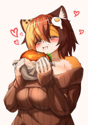 Rule 34 | 1girl, ^ ^, animal nose, bags under eyes, bare shoulders, blonde hair, blush, breasts, brown fur, brown hair, brown sweater, burger, closed eyes, closed mouth, collarbone, eating, egg hair ornament, female focus, food, food-themed hair ornament, food bite, food on face, furry, furry female, hair between eyes, hair ornament, hairclip, happy, heart, highres, holding, holding food, kagarimachi konatsu, large breasts, lettuce, long sleeves, meat, multicolored fur, multicolored hair, nekotsuki kohime (kagarimachi konatsu), off-shoulder sweater, off shoulder, orange fur, orange hair, original, raised eyebrows, short hair, simple background, sleeves past wrists, smile, solo, standing, sweater, tomato, upper body, wavy mouth, white background, white fur