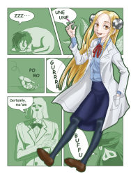 Rule 34 | 1girl, blonde hair, bolt, dog, electrodes, english text, female focus, fragon, franken fran, howl, howl (franken fran), howl (frankenfran), lab coat, madaraki fran, medical, okita, okita (franken fran), okita (frankenfran), pantyhose, scar, science, stitches, switch, syringe, tentacles, yellow eyes