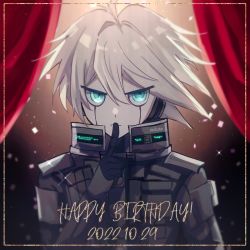 Rule 34 | 1boy, ahoge, armor, artist name, closed mouth, curtains, danganronpa (series), danganronpa v3: killing harmony, dated, frown, green eyes, grey hair, hair between eyes, hand up, happy birthday, index finger raised, k1-b0, mikao (eanv5385), multicolored background, power armor, solo, upper body