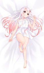Rule 34 | 1girl, absurdres, alternate costume, bare legs, barefoot, bed sheet, breasts, closed mouth, commentary, dress, frilled dress, frills, from above, full body, gradient hair, halter dress, halterneck, highres, hololive, horns, legs, long hair, looking at viewer, multicolored hair, nakiri ayame, pooh 1140920, red eyes, red hair, silver hair, simple background, skin-covered horns, sleeveless, sleeveless dress, small breasts, smile, solo, streaked hair, thighs, two-tone hair, virtual youtuber, white background, white dress, white theme