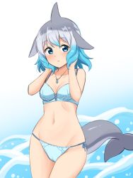Rule 34 | 1girl, absurdres, bare arms, bare shoulders, blue bra, blue eyes, blue hair, blue panties, bra, breasts, cetacean tail, cleavage, collarbone, commentary, common bottlenose dolphin (kemono friends), cowboy shot, dorsal fin, fins, fish tail, flippers, gradient hair, grey hair, groin, hands in hair, highres, jewelry, kemono friends, looking at viewer, medium hair, multicolored hair, navel, panties, parted lips, pendant, shiraha maru, side-tie panties, small breasts, solo, stomach, string panties, tail, underwear, underwear only, white hair