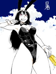Rule 34 | 1girl, animal ears, bare shoulders, black hair, black leotard, breasts, clenched teeth, cloud, commentary, detached collar, fake animal ears, food, holding, leotard, long hair, looking up, medium breasts, original, playboy bunny, popsicle, rabbit ears, red eyes, sharp teeth, solo, strapless, strapless leotard, takada hiro, teeth, translation request, wide hips, wrist cuffs