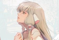 Rule 34 | 1girl, android, blonde hair, blunt bangs, blurry, blurry background, brown eyes, chii, chobits, fuwaffy, hair tubes, highres, lolita fashion, long hair, profile, robot ears, solo, twintails, very long hair