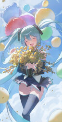 Rule 34 | 1girl, absurdres, aqua hair, balloon, black c (net dust), black skirt, black thighhighs, blue sky, blush, bouquet, closed eyes, clothes lift, cloud, detached sleeves, facing viewer, flower, hair between eyes, happy, hatsune miku, highres, holding, holding bouquet, long hair, open mouth, panties, skirt, skirt lift, sky, smile, solo, standing, thigh gap, thighhighs, twintails, underwear, very long hair, vocaloid, white panties, wind, wind lift, yellow flower, zettai ryouiki