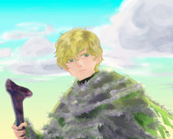 Rule 34 | 1boy, a song of ice and fire, blonde hair, cape, game of thrones, green eyes, highres, jojen reed, male focus, sky, solo, staff