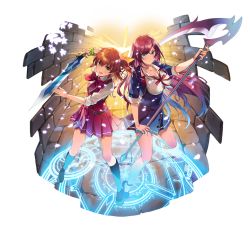 Rule 34 | 2girls, akemiya aina, blue eyes, breasts, brown hair, cleavage, green eyes, holding, holding sword, holding weapon, long hair, looking at viewer, magic circle, multiple girls, official art, omega labyrinth, one side up, open mouth, petals, pleated skirt, purple hair, rio akanezaki, scythe, shinku miya, side-by-side, skirt, sleeves past elbows, sword, tousaki umiko, two-handed, weapon