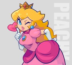 Rule 34 | 1girl, blonde hair, blue eyes, blue gemstone, breasts, bright pupils, brooch, character name, crown, dress, earrings, elbow gloves, english text, eyelashes, finger gun, gem, gloves, grey background, hand on own hip, hand up, heart, highres, jewelry, leaning forward, long hair, looking at viewer, mario (series), medium breasts, nintendo, one eye closed, parted lips, pink dress, pink lips, princess, princess peach, puffy short sleeves, puffy sleeves, short sleeves, smile, solo, spudenski, super mario bros. 1, thick lips, white gloves, white pupils