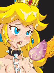 Rule 34 | 1boy, 1girl, blonde hair, blue eyes, blush, bowser, breasts, chain, cleavage, collar, crown, cum, cum in mouth, cum on body, cum on breasts, cum on hair, cum on upper body, earrings, highres, jewelry, long hair, mario (series), nintendo, open mouth, penis, princess peach, simple background, spiked collar, spikes, super mario bros. 1, tongue, tongue out, uncensored