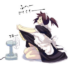 Rule 34 | 1girl, clothes lift, electric fan, fanning crotch, fanning self, hot, lifted by self, maid, maid headdress, murakami suigun, ponytail, simple background, skirt, skirt lift, solo, white background