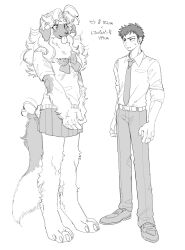 Rule 34 | 1boy, 1girl, animal ears, animal feet, body fur, bow, bowtie, claws, collared shirt, commentary request, dog ears, dog girl, dog tail, full body, furry, furry male, greyscale, highres, long hair, looking at another, monochrome, necktie, open mouth, original, own hands together, pants, rata (norahasu), school uniform, shirt, shoes, short hair, short sleeves, simple background, skirt, standing, tail, tongue, tongue out, very short hair, white background