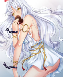 Rule 34 | 1girl, aona (anagasaki), armlet, ass, bare shoulders, box, bracelet, breasts, caren hortensia, caren hortensia (amor caren), caren hortensia (amor caren) (first ascension), chain, collarbone, cuffs, dress, fate/grand order, fate (series), gift, gift box, heart-shaped box, highres, jewelry, long hair, looking at viewer, medium breasts, short dress, solo, thighs, wavy hair, white dress, white hair, yellow eyes