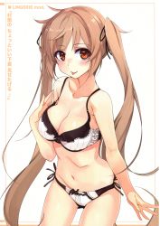 Rule 34 | 10s, 1girl, :p, absurdres, black ribbon, bow, bow bra, bow panties, bra, breasts, brown eyes, brown hair, cleavage, closed mouth, collarbone, cowboy shot, hair ribbon, hand on own chest, highres, kantai collection, lace, lace-trimmed bra, lace trim, long hair, looking at viewer, medium breasts, murasame (kancolle), navel, panties, red eyes, ribbon, shirokitsune, side-tie panties, smile, solo, standing, tongue, tongue out, twintails, underwear, underwear only, very long hair, white background, white bra, white panties