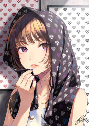Rule 34 | 1girl, adjusting clothes, adjusting headwear, bare shoulders, blush, brown hair, collarbone, commentary request, hand up, head scarf, highres, indoors, lips, long hair, morikura en, nail polish, original, parted lips, purple eyes, shirt, signature, sleeveless, sleeveless shirt, solo, white shirt