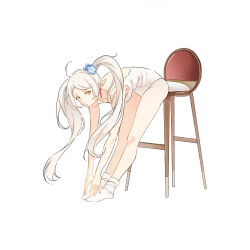 Rule 34 | 1girl, ahoge, bare arms, bent over, blue flower, breasts, earrings, elf, er (user yhzm5478), flower, frieren, full body, green eyes, grey hair, hair flower, hair ornament, highres, jewelry, leotard, long hair, looking at viewer, medium breasts, no shoes, parted bangs, pointy ears, simple background, sitting, socks, solo, sousou no frieren, stool, stretching, twintails, white background, white leotard, white socks