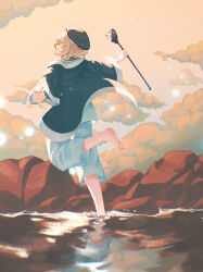 Rule 34 | 1girl, absurdres, barefoot, beret, black hat, brown hair, cloud, cloudy sky, dungeon meshi, falin touden, falin touden (tallman), full body, hat, highres, holding, holding staff, light brown hair, long sleeves, orange background, orange sky, outdoors, outstretched arms, running, sky, solo, staff, standing, standing on one leg, water, wide sleeves, yato (alphonse59)