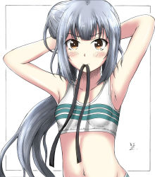 Rule 34 | 1girl, absurdres, armpits, arms behind head, brown eyes, grey hair, h2 (h20000000), hair ribbon, highres, kantai collection, kasumi (kancolle), long hair, mixed media, mouth hold, ribbon, side ponytail, signature, solo, sports bra, striped, striped sports bra, traditional media, very long hair