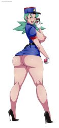 Rule 34 | 1girl, absurdres, ass, blue hair, breasts, creatures (company), game freak, hat, high heels, highres, huge ass, jenny (pokemon), large breasts, lm (legoman), looking back, naughty face, nintendo, nipples, open mouth, poke ball, pokemon, pokemon (anime), selfie, solo