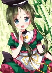 Rule 34 | 1girl, :d, apron, bamboo, black hat, blush, bow, brown hair, dress, green dress, green hair, hat, highres, long hair, looking at viewer, open mouth, parted bangs, puffy short sleeves, puffy sleeves, ruu (tksymkw), short hair with long locks, short sleeves, sidelocks, smile, solo, teireida mai, touhou, very long hair, waist apron, white apron