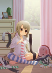Rule 34 | 1girl, absurdres, barefoot, blonde hair, blush, cactus, chest of drawers, dress shirt, dressing, feet, female focus, frown, full body, highres, indian style, indoors, kuroba (f-15c eagle), long hair, nature, no pants, original, panties, shirt, single thighhigh, sitting, socks, solo, striped clothes, striped panties, striped socks, striped thighhighs, thighhighs, twintails, underwear, very long hair