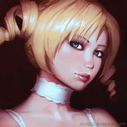 Rule 34 | 1girl, bare shoulders, blonde hair, blue eyes, catherine, catherine (game), choker, deviantart username, drill hair, guweiz, lips, looking at viewer, pink lips, portrait, smile, solo, white choker