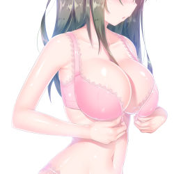 Rule 34 | 1girl, :o, a.x., absurdres, bare arms, bare shoulders, black hair, blush, bra, breasts, cleavage, collarbone, front-hook bra, head out of frame, highres, large breasts, long hair, navel, open bra, original, panties, parted lips, photo-referenced, pink bra, pink panties, simple background, solo, stomach, underwear, underwear only, undressing, upper body, white background