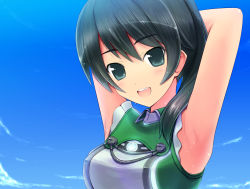 Rule 34 | 1girl, :d, armpits, arms behind head, arms up, blush, breasts, cloud, day, green eyes, green hair, long hair, looking at viewer, matching hair/eyes, medium breasts, open mouth, palette suit, ponytail, saegusa wakaba, sky, smile, solo, unikurage, vividred operation