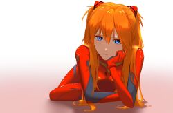 Rule 34 | 1girl, artist request, blue eyes, bodysuit, breasts, brown hair, female focus, hair between eyes, highres, long hair, looking at viewer, lying, neon genesis evangelion, on stomach, plugsuit, red bodysuit, shiny clothes, simple background, small breasts, solo, souryuu asuka langley, two side up, very long hair