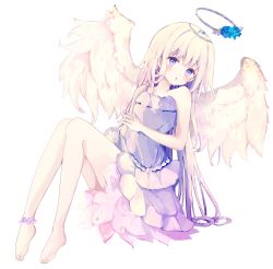 Rule 34 | 1girl, :o, bare arms, bare shoulders, barefoot, blonde hair, blue flower, blue rose, blush, commentary, dress, feathered wings, flower, full body, halo, highres, knees up, long hair, looking at viewer, original, parted lips, purple dress, purple eyes, rose, simple background, sitting, solo, symbol-only commentary, tsukiyo (skymint), very long hair, white background, white wings, wings