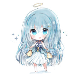 Rule 34 | 1girl, :d, bad id, bad pixiv id, bare arms, bare shoulders, barefoot, bell, bellringer angel, blue bow, blue eyes, blue hair, blue wings, blush, bow, chibi, commentary request, cottontailtokki, criss-cross halter, dress, feathered wings, full body, hair between eyes, hair ornament, hairclip, halo, halterneck, head tilt, heart, holding, holding bell, long hair, open mouth, pleated dress, shadowverse, smile, solo, sparkle, standing, striped, striped bow, very long hair, white background, white dress, wings