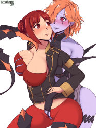 Rule 34 | 2girls, bare shoulders, black leotard, boots, bow, bra, grabbing another&#039;s breast, breasts, center opening, cleavage, cleavage cutout, closed mouth, clothing cutout, covered collarbone, deep skin, earrings, facial mark, fingering, fingering through clothes, fire emblem, fire emblem: three houses, fire emblem heroes, full body, garreg mach monastery uniform, gloves, grabbing, hair bun, hair over one eye, highres, huge breasts, jewelry, kronya (fire emblem), leotard, lips, long sleeves, looking at another, lumarianne20, monica von ochs, multiple girls, nintendo, open clothes, open mouth, open shirt, orange hair, pale skin, pantyhose, parted lips, red bra, red eyes, red hair, red legwear, short hair, simple background, single hair bun, smile, standing, through clothes, turtleneck, underwear, uniform, white background, yuri