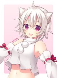 Rule 34 | 1girl, ahoge, animal ears, blush, dated, detached sleeves, dog ears, highres, inubashiri momiji, looking at viewer, navel, open mouth, purple eyes, short hair, smile, solo, touhou, upper body, white hair, wolf ears, yamayu