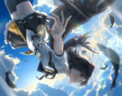 Rule 34 | 1girl, black feathers, black hair, black skirt, black thighhighs, blue sky, camera, closed mouth, cloud, feathers, frilled skirt, frills, hat, highres, leaf print, light particles, light rays, maple leaf print, otomeza ryuseigun, outdoors, pom pom (clothes), red eyes, red hat, red nails, ribbon-trimmed skirt, ribbon trim, shameimaru aya, shirt, short hair, skirt, sky, smile, solo, thighhighs, tokin hat, touhou, upside-down, white shirt