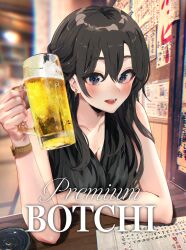 Rule 34 | 1girl, alcohol, arm rest, ashtray, bare shoulders, beer, beer mug, black dress, blue eyes, blurry, blush, breasts, cleavage, cup, depth of field, desk, dress, earrings, hair between eyes, highres, hiratsuka shizuka, holding, holding cup, indoors, jewelry, large breasts, long hair, looking at viewer, mug, open mouth, ponkan 8, single earring, sitting, sleeveless, sleeveless dress, solo, watch, wristwatch, yahari ore no seishun lovecome wa machigatteiru.