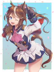 Rule 34 | 1girl, ;d, animal ears, arm up, ascot, black gloves, blue eyes, breasts, brown hair, commentary request, confetti, cowboy shot, epaulettes, gloves, highres, horse ears, horse girl, horse tail, index finger raised, jacket, leaning forward, long hair, long sleeves, looking at viewer, medium breasts, multicolored hair, one eye closed, open mouth, pink ascot, pleated skirt, ponytail, single epaulette, skirt, smile, solo, standing, streaked hair, tail, tokai teio (umamusume), two-tone background, umamusume, white hair, white jacket, white skirt, yue (lov n n)