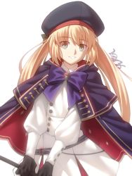 Rule 34 | 1girl, artoria caster (fate), artoria caster (second ascension) (fate), artoria pendragon (fate), belt, beret, black gloves, blonde hair, bow, buttons, cape, collared shirt, commentary request, dress, fate/grand order, fate (series), gloves, green eyes, hair between eyes, hair ornament, hat, highres, holding, holding staff, long hair, long sleeves, looking at viewer, purple bow, shirako (kirupi), shirt, sidelocks, signature, simple background, smile, solo, staff, twintails, white dress