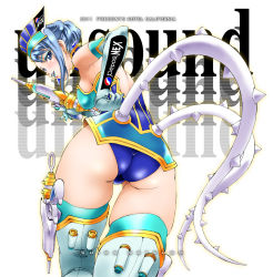 Rule 34 | 10s, 1girl, ass, backless outfit, bare shoulders, blue eyes, blue hair, blue rose (tiger &amp; bunny), boots, breasts, earrings, elbow gloves, fingernails, fingernails over gloves, gloves, gun, hat, highres, holster, jewelry, karina lyle, lipstick, makeup, matching hair/eyes, medium breasts, natsuno suika, pepsi nex, product placement, short hair, sideboob, solo, thigh boots, thighhighs, tiger &amp; bunny, weapon
