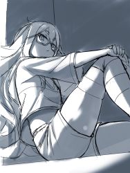 Rule 34 | 1girl, feet out of frame, flat chest, glasses, hands on own knees, highres, kay yu, knee up, long hair, looking at viewer, midriff, original, paguroidea, short sleeves, shorts, sitting, solo, very long hair
