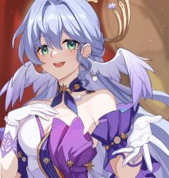 Rule 34 | 1girl, :d, breasts, choker, cleavage, commentary request, detached sleeves, facial mark, gloves, green eyes, hair intakes, hand on own chest, head wings, highres, honkai: star rail, honkai (series), long hair, looking at viewer, medium breasts, open mouth, purple choker, purple hair, robin (honkai: star rail), short sleeves, smile, solo, upper body, very long hair, wangqi, white background, white gloves, wings