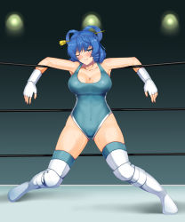 Rule 34 | 1girl, blue eyes, blue hair, blue leotard, blush, boots, breasts, chisel, cleavage, competition swimsuit, covered navel, cross-laced footwear, elbow pads, exhausted, fingerless gloves, full body, gloves, gluteal fold, hair ornament, hair rings, hair stick, heavy breathing, highres, indoors, kaku seiga, knee pads, large breasts, leotard, light blue hair, lights, lips, looking at viewer, mattyakinako (odango imomushi), medium hair, one-piece swimsuit, one eye closed, rope, solo, stage lights, sweat, swimsuit, thigh boots, touhou, touhou tag dream, white footwear, white gloves, wrestling outfit, wrestling ring