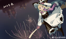Rule 34 | 1girl, 2023, :o, absurdres, aerial fireworks, apron, black footwear, black hat, black skirt, black vest, blonde hair, blurry, blurry background, boots, broom, broom riding, chinese commentary, commentary, fireworks, frilled skirt, frills, full body, hand on headwear, hat, highres, kirisame marisa, long hair, long sleeves, looking at viewer, mittens, open mouth, pink scarf, red mittens, sancking (fatekl), scarf, shirt, skirt, skirt set, solo, touhou, tower, upside-down, vest, waist apron, weibo logo, weibo watermark, white apron, white shirt, witch hat, yellow eyes