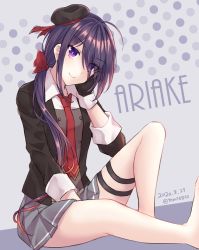Rule 34 | 1girl, ahoge, ariake (kancolle), beret, black gloves, black hat, buttons, character name, closed mouth, collared shirt, dated, eyes visible through hair, fingerless gloves, gloves, gradient hair, grey skirt, hat, kabocha torute, kantai collection, long hair, long sleeves, multicolored hair, necktie, pleated skirt, purple eyes, purple hair, red necktie, shirt, skirt, smile, solo, twitter username, white shirt
