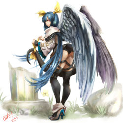 Rule 34 | 1girl, absurdres, adjusting bow, angel wings, ankle boots, artist name, ass, asymmetrical wings, back, bare shoulders, belt, black panties, black thighhighs, boots, bow, dated, detached sleeves, dizzy (guilty gear), feathered wings, feathers, flower, fold-over boots, grass, guilty gear, guilty gear xrd, hair ribbon, high heel boots, high heels, highres, holding, looking at viewer, looking back, monster girl, open mouth, ozkh, panties, red eyes, ribbon, signature, simple background, solo, tail, tail ornament, tail ribbon, thick thighs, thigh strap, thighhighs, thighs, twintails, underwear, white background, wide sleeves, wings