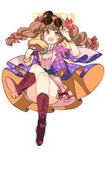 Rule 34 | 1girl, bangle, black hat, boots, bow, bracelet, brown eyes, brown footwear, brown hair, crossed legs, dress, drill hair, full body, hair ribbon, hand fan, hand up, hat, hat bow, haya taro pochi, holding, jacket, jewelry, long hair, necklace, open clothes, open jacket, open mouth, pink dress, purple jacket, red ribbon, ribbon, ring, short dress, simple background, smile, solo, top hat, touhou, twin drills, white background, white bow, yorigami jo&#039;on