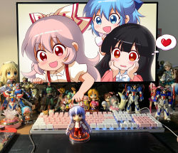 Rule 34 | 3girls, :d, absurdres, bishoujo senshi sailor moon, black hair, blouse, blue bow, blue eyes, blue hair, blush, bow, bowtie, character request, chibi, chibi usa, chinese commentary, cirno, commentary request, copyright request, drawing tablet, figure, fourth wall, fujiwara no mokou, gundam, hair bow, hands on own cheeks, hands on own face, hatsune miku, heart, highres, houraisan kaguya, indoors, jokanhiyou, kamen rider, keyboard, little twin stars, long hair, long sleeves, love live!, mechanical keyboard, minami kotori, monitor, multiple girls, nintendo switch, one piece, open mouth, photo background, pink hair, pink shirt, puffy short sleeves, puffy sleeves, red eyes, sailor moon, sanrio, shirt, short sleeves, smile, suspenders, thought bubble, through medium, through screen, tony tony chopper, touhou, upper body, very long hair, vocaloid, white bow, white neckwear, white shirt, wide sleeves