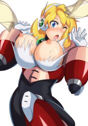 Rule 34 | 1girl, alia (mega man), android, armor, blonde hair, blue eyes, bodysuit, breasts, breasts out, capcom, closed eyes, damaged, gloves, highres, kotatuman dash, large breasts, mega man (series), mega man x (series), nipples, pink armor, robot, robot ears, surprised, topless, torn clothes, white background, white gloves