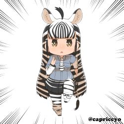 Rule 34 | 10s, 1girl, ahoge, animal ears, artist name, bad id, bad pixiv id, black hair, black skirt, blunt bangs, breast pocket, brown eyes, capriccyo, chibi, d:, d:&lt;, emphasis lines, full body, grey shirt, japan world cup, jitome, kemono friends, leg up, long hair, long sleeves, looking at viewer, multicolored hair, necktie, open mouth, pantyhose, plains zebra (kemono friends), pleated skirt, pocket, running, shirt, short sleeves, skirt, solo, striped clothes, striped necktie, striped neckwear, striped pantyhose, twitter username, two-tone hair, v-shaped eyebrows, very long hair, white background, white hair, zebra ears