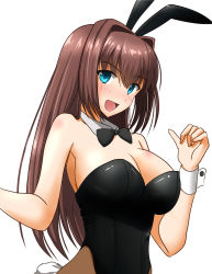 Rule 34 | 1girl, animal ears, aozaki aoko, bare shoulders, black bow, black leotard, blue eyes, blush, bow, bowtie, breasts, brown hair, brown pantyhose, cleavage, commentary request, detached collar, fake animal ears, fake tail, hair between eyes, hair intakes, highres, large breasts, leotard, long hair, looking at viewer, mahou tsukai no yoru, official alternate costume, open mouth, pantyhose, playboy bunny, rabbit ears, rabbit tail, simple background, smile, solo, strapless, strapless leotard, tail, upper body, white background, wrist cuffs, yuuk33