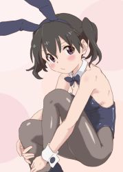 Rule 34 | 1girl, animal ears, black bow, black bowtie, black footwear, black hair, black leotard, black pantyhose, blush, bow, bowtie, breasts, closed mouth, collar, commentary, detached collar, fake animal ears, frown, highres, hugging own legs, kuraue hinata, leotard, looking at viewer, pantyhose, playboy bunny, purple eyes, rabbit ears, shoes, short hair, sitting, small breasts, solo, strapless, strapless leotard, twintails, white collar, wing collar, wrist cuffs, yama no susume, ykr (youkiri)