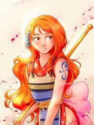 Rule 34 | 1girl, arm tattoo, commentary, english commentary, hair ornament, highres, holding, holding weapon, japanese clothes, judit mallol, kimono, long hair, looking to the side, nami (one piece), nami (one piece) (wano), one piece, orange eyes, orange hair, pink ribbon, red kimono, ribbon, sleeveless, sleeveless kimono, solo, tattoo, upper body, very long hair, weapon